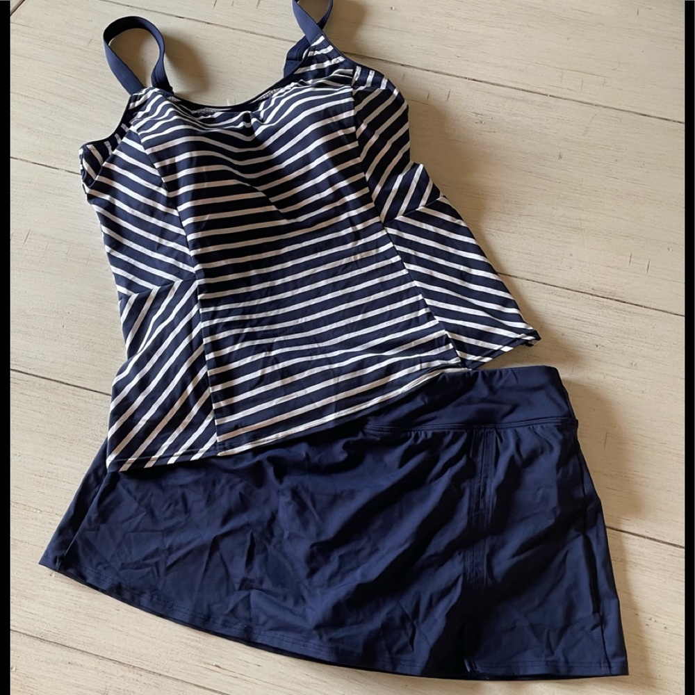 Lands End Tankini Skirtini Swimsuit Blue White Size 14 NWOT
